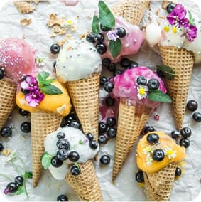 different types of ice cream in waffle cones